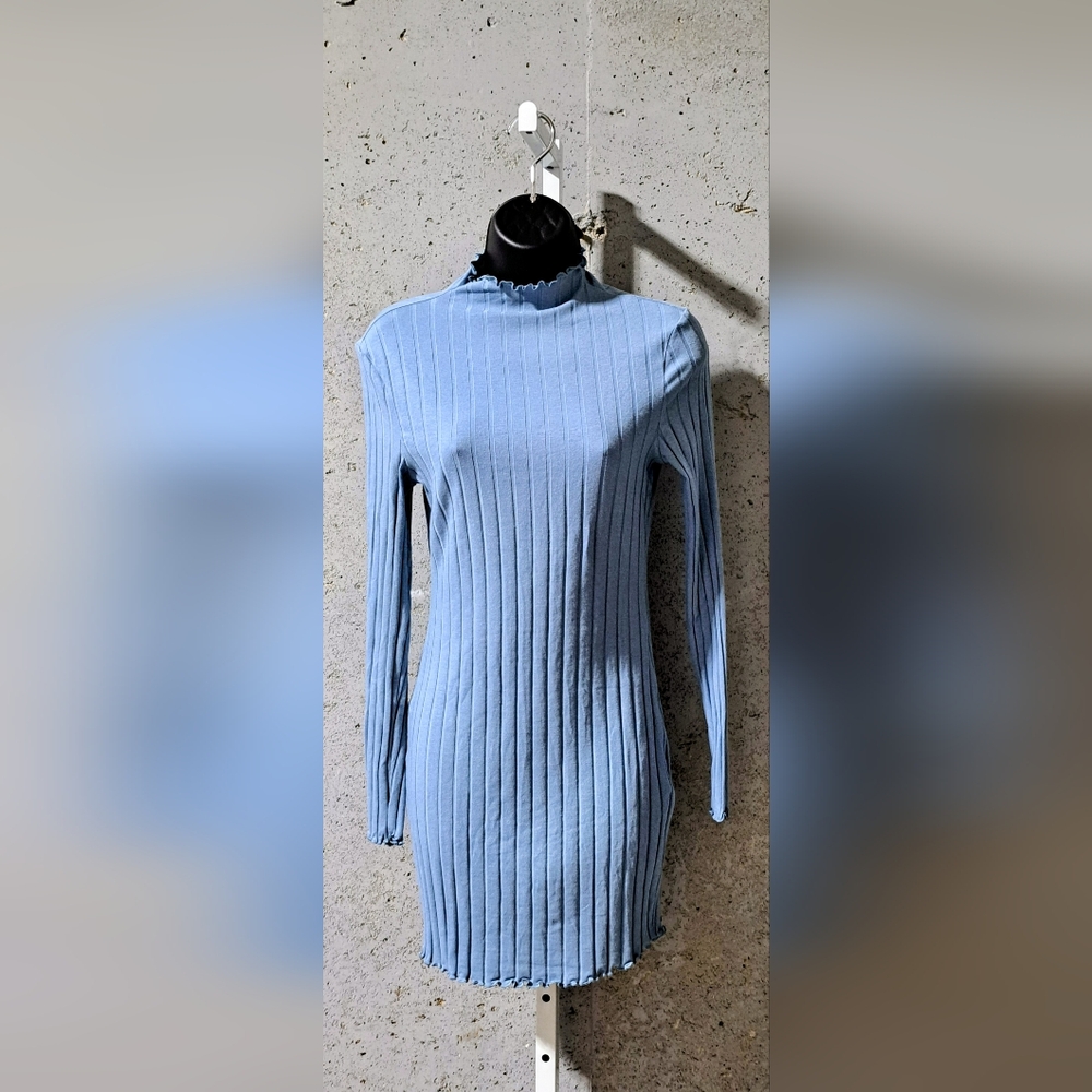 🌂💃🏾♦️ SHEIN Mini Mock-Neck Rib-Knit Powder Blue Sweater Dress